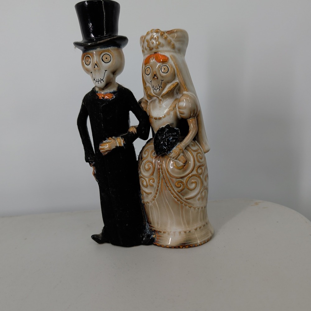 Day of the Dead Skeleton Bride Groom Ceramic Figurine Dia de los Muertos 9.5"